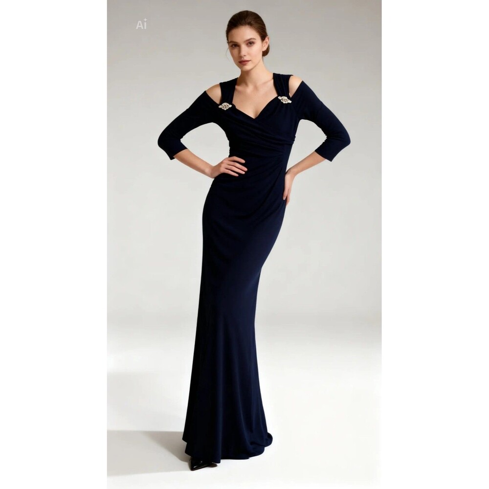 R&M Richards Navy Ruched V-Neck Cold Shoulder Rhinestone Maxi Dress 8